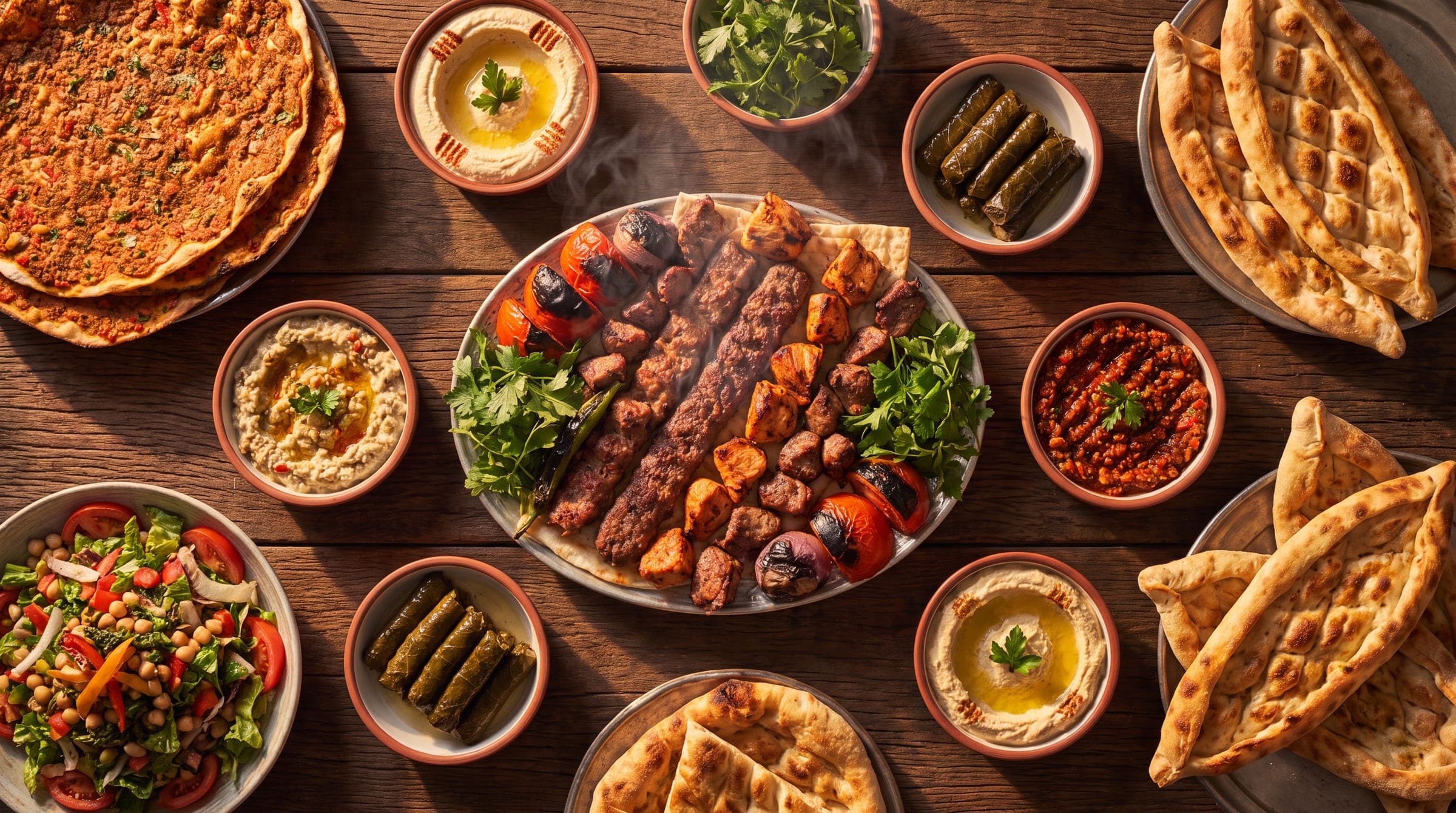 An abundant Turkish feast spread across a rustic table