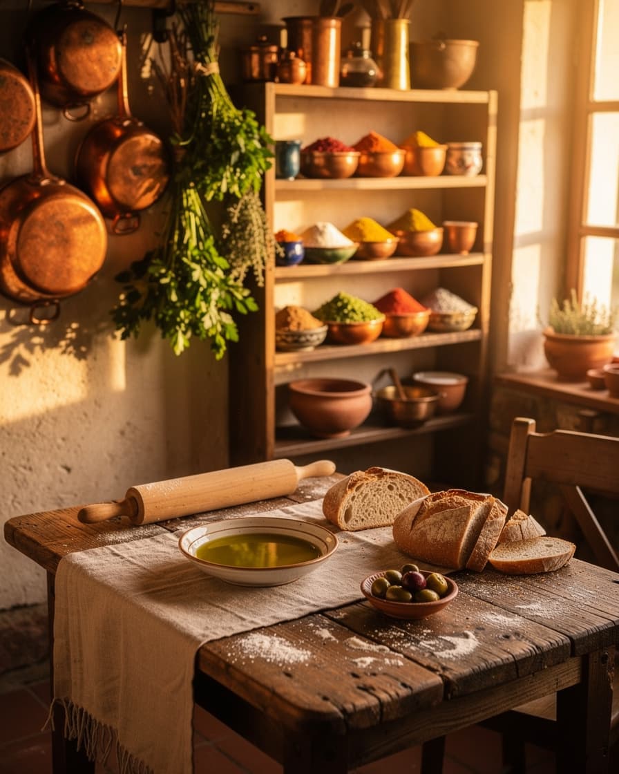 A rustic Turkish kitchen with copper pots, fresh herbs, and warm light